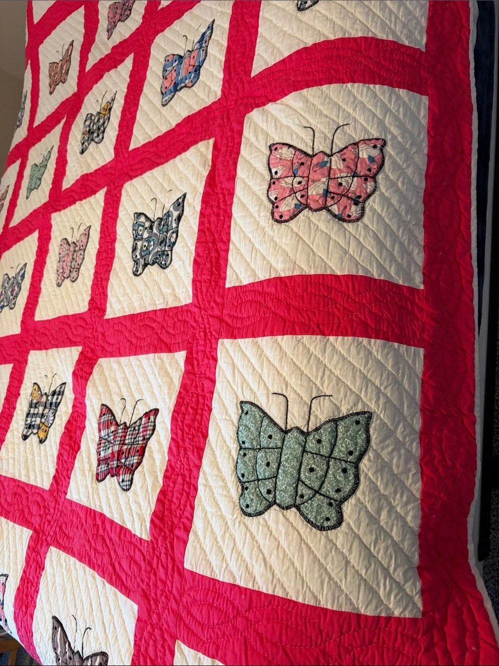 Vintage  handcrafted Butterfly Patchwork Quilt - Pink and White